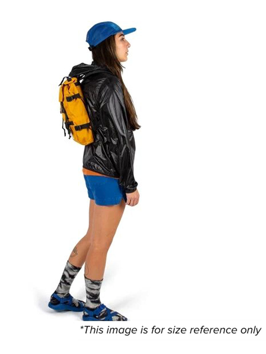 A woman showcasing a mini backpack for size reference.