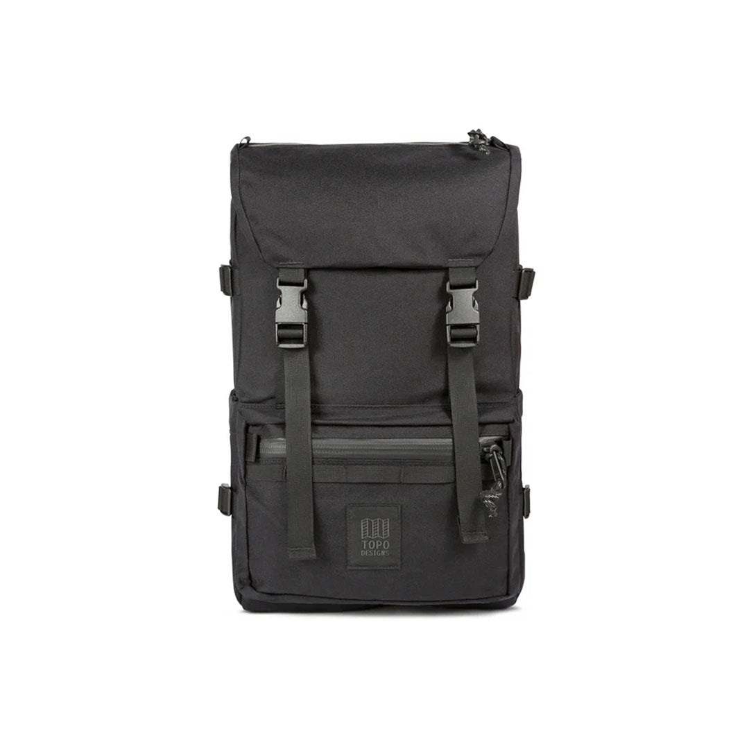 A black Rover Pack Tech backpack with multiple compartments and adjustable straps, featuring a sleek design.