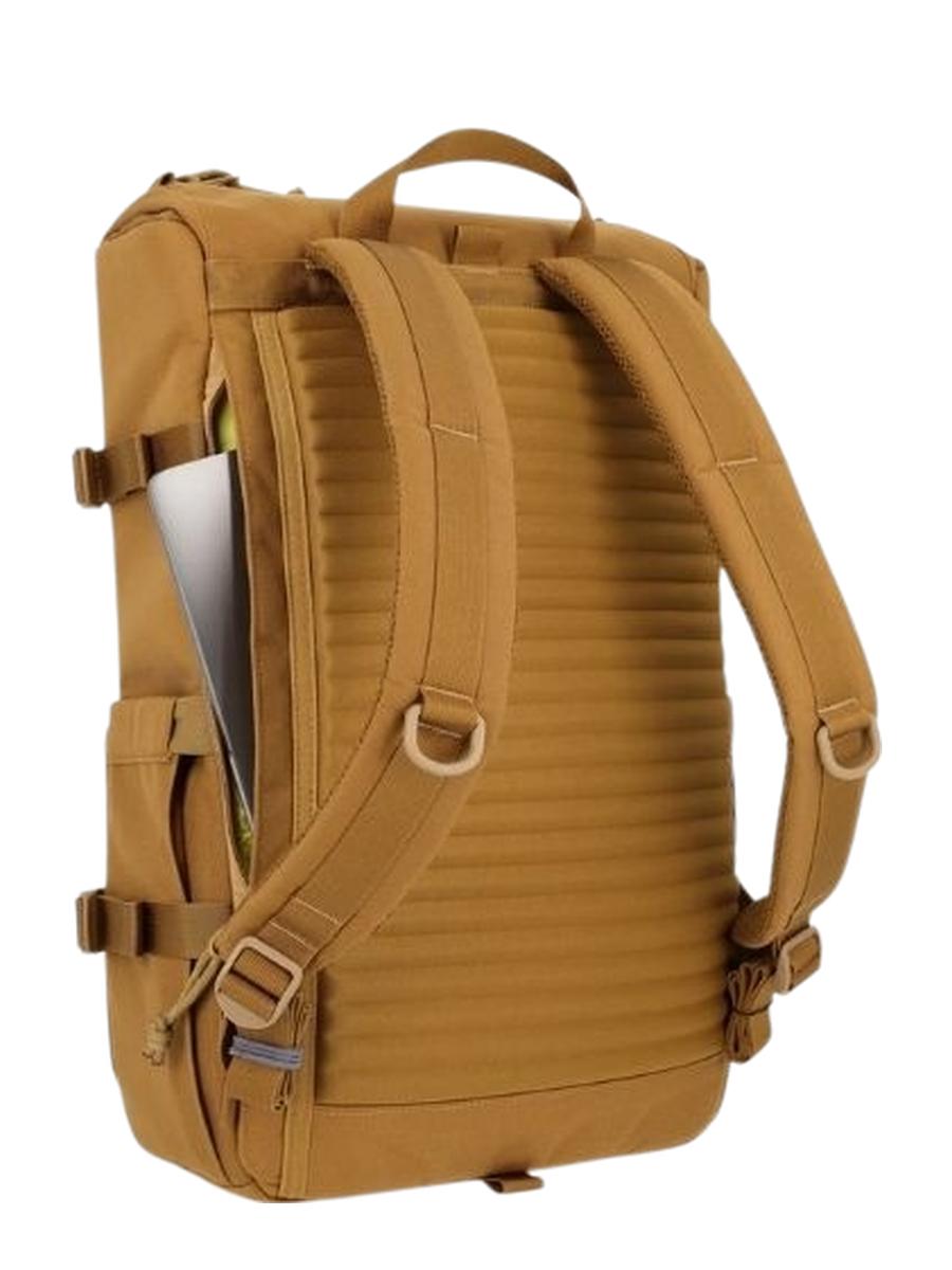 A backside view of a brown Rover Pack Tech Backpack showcasing its external laptop sleeve.