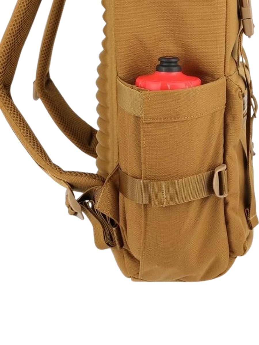 A brown Rover Pack Tech Backpack showing its side bottle pocket.