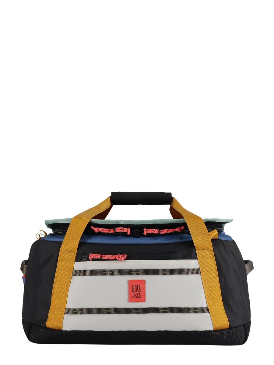 Black and white duffel bag with yellow straps on a white background