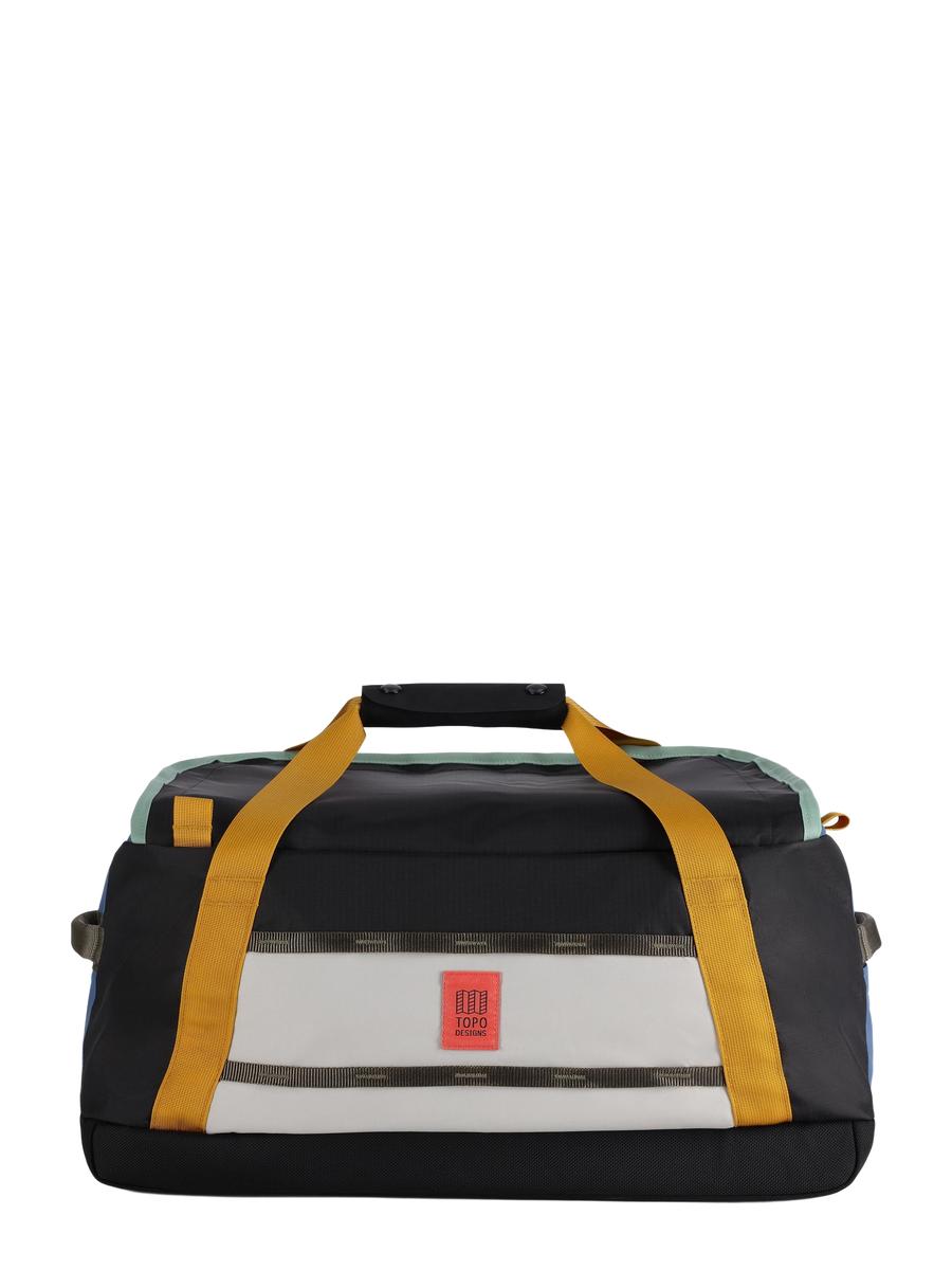 Black and white duffel bag with yellow straps on a white background