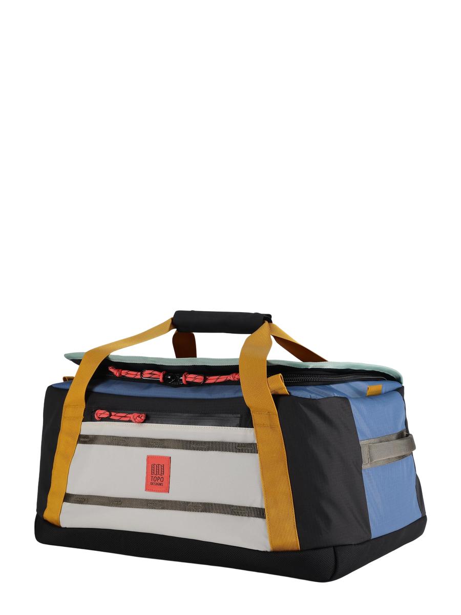 Black and white duffel bag with yellow straps on a white background