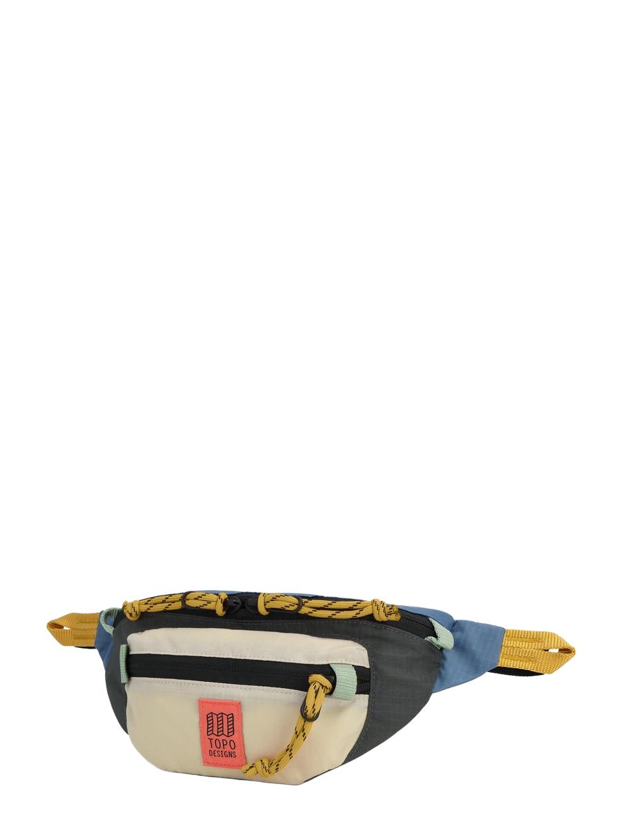 A black and beige waist pack with heavy duty zippers and a seatbelt webbing strap, featuring two pockets.