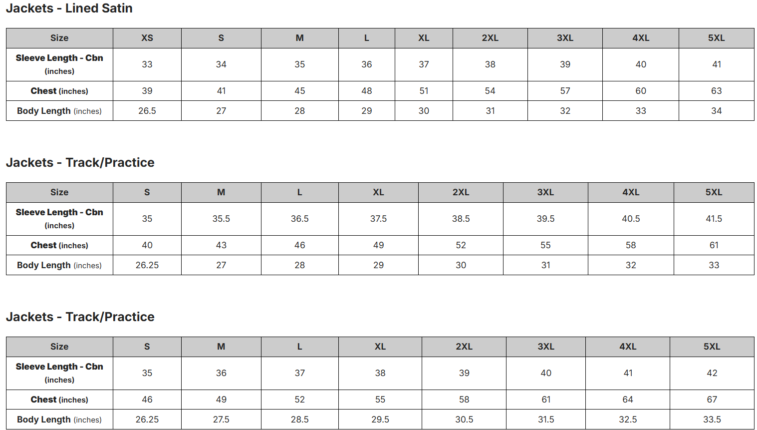 Jackets - Track/Practice Size Chart